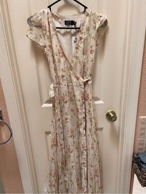 Polo Ralph Lauren Cream Floral Crepe Midi Wrap Dress